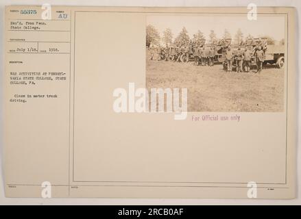 A class in motor truck driving at Pennsylvania State College in State College, PA. This photograph is part of a collection of images depicting American military activities during World War One. The photograph was taken in 1918 and is identified as subject number 55375. It was received from Penn. State College on July 1, 1918. The image showcases the training and war activities conducted at the college during the war. It is marked 'For Official Use only' and is part of the official documentation of the activities. Stock Photo
