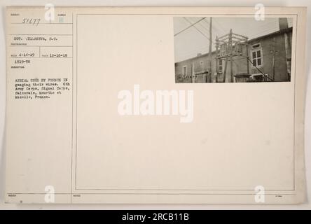 Photograph shows an aerial used by the French Army during World War I to organize their communication wires. It was taken on October 10, 1918, in Saizerais, Meurthe et Moselle, France. The image is part of the collection "Photographs of American Military Activities during World War One." Stock Photo
