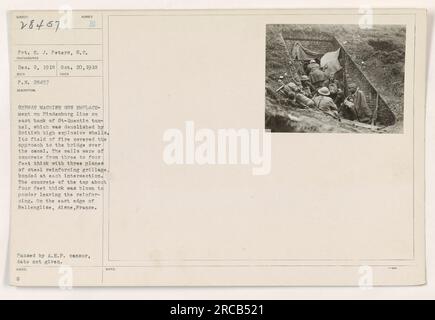 German machine gun emplacement on Hindenburg line on the east bank of St-Quentin tunnel. The emplacement was demolished by British high explosive shells and had a field of fire covering the approach to the bridge over the canal. The walls were made of concrete with steel reinforcing grillage. Located in Bellenglise, Aisne, France. Pass by A.E.F. censor, date not given. Stock Photo