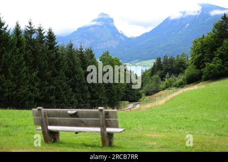 View of Wolfgangsee lake from Schafberg mountain, Austria. Wolfgangsee Lake from alp mountain Schafberg. Sankt St.  Stock Photo