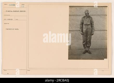 American soldiers wearing protective suits known as SURET: 54544 during World War I. This photograph was taken by a photographer from the Chemical Warfare Service on April 2, 1919. The suits were issued with the number AU M NOTES 2132 and provided protection against chemical warfare. Stock Photo