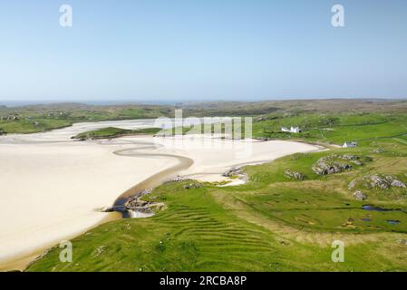 Uig Sands aka Traigh Uuige, Uig Bay, Lewis, Outer Hebrides. Looking north west from near Dun Borranish. Aerial Stock Photo