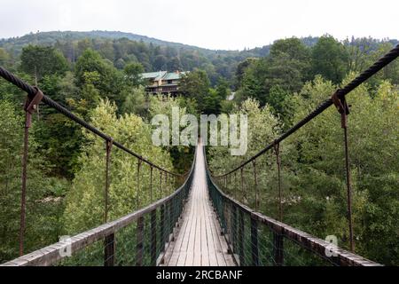 Pedestrian Suspension Bridge over the Prut in Yaremche Stock Photo