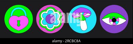 Groovy hippie circle sticker 70s set. Funny cartoon bright neon colors - flower, love, rainbow, peace, heart, daisy, mushroom, eye. Psychedelic pack Stock Vector