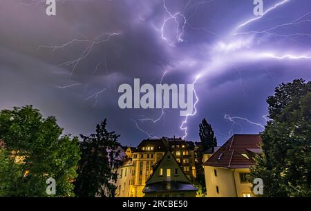 Summer thunderstorm, night shot with lightning, Stuttgart, Baden-Wuerttemberg, Germany Stock Photo