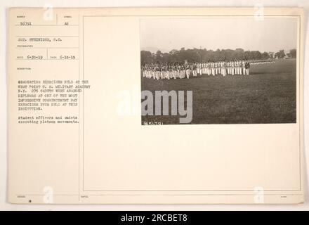 Cadets from the West Point U.S. Military Academy in New York performing platoon movements during graduation exercises. The ceremony, held on June 10, 1919, awarded diplomas to 275 cadets, making it one of the most impressive commencement day events in the institution's history. (Photo taken by SGT. Steiniger, S.C. Photographer) Stock Photo