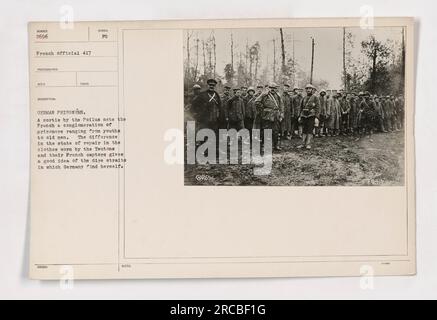 French soldiers capture a group of German prisoners during World War One. The prisoners include individuals of various ages, from young boys to elderly men. The photograph showcases the contrast between the well-maintained uniforms of the French soldiers and the worn-out clothes of the German prisoners, illustrating the difficult situation Germany was facing during the war. Stock Photo