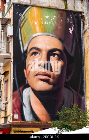 Naples, Italy - April 10, 2022: Mural art by the Dutch-Neapolitan artist Jorit Agoch, depicting San Gennaro, the patron saint of Naples as a factory w Stock Photo