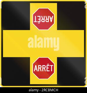 Warning road sign inQuebec, Canada - Four way intersection with stop signs. Stock Photo