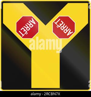 Warning road sign inQuebec, Canada - Y intersection with stop signs. Stock Photo