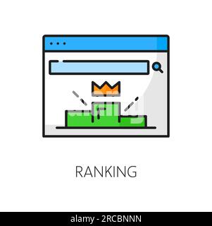 Ranking Web audit icon of vector SEO analysis. Website page with winner podium and gold crown on top first place color line symbol of search engine optimization ranking and web marketing research Stock Vector