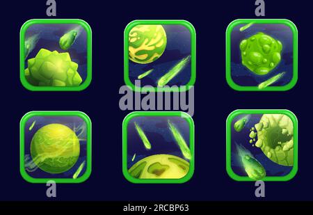 Fantasy planets and asteroids icons for space game. Fantastic colorful ...