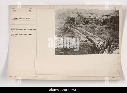 Shell shelters and a fortified pit near the front lines in Marne. Photograph taken by Syndol Takes. The image portrays the practical measures taken by American military during World War One to ensure safety and protection from enemy attacks. Stock Photo