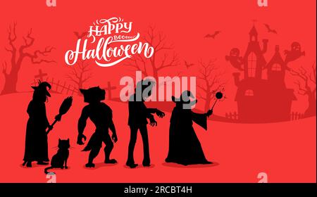 Halloween characters silhouettes. Vector background with zombie, witch, black cat, wizard and werewolf spooky personages on cemetery with old castle. Night graveyard with tombs, scary trees and bats Stock Vector