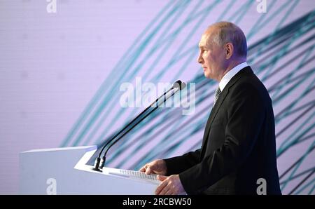 Moscow, Russia. 13th July, 2023. Russian President Vladimir Putin delivers remarks during a plenary session of the Future Technologies Forum at the World Trade Center, July 13, 2023 in Moscow, Russia. Credit: Alexander Kazakov/Kremlin Pool/Alamy Live News Stock Photo