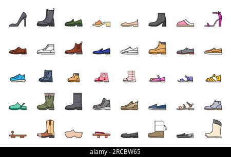 Footwear line icons, shoes, sneaker and boots, vector fashion foot wear pictograms. Shoes icons of sport sneakers, women high heels and leather sandals, kid flip-flops and men loafer or clogs Stock Vector