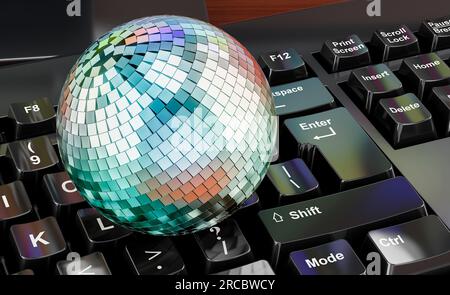 Disco ball on the keyboard, 3D rendering Stock Photo