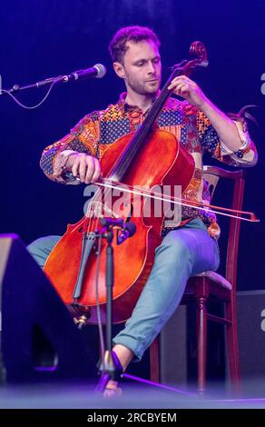 Helian, a four-piece folk band based in Leeds playing live on stage at the 2023 GTSF music festival, Southwell, Nottinghamshire. Stock Photo