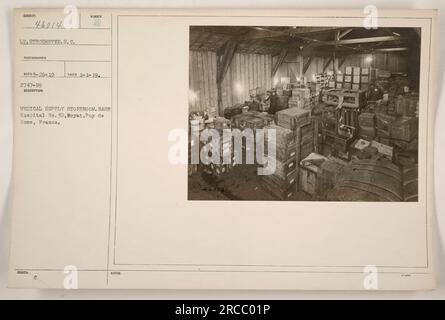 Image showcases a medical supply storeroom at Base Hospital No. 30 in Royat, Puy de Dome, France during World War I. The photo was taken by Lt. Strohmeyer, a Signal Corps photographer. The image is numbered 46014 and was taken on January 1, 1919. Stock Photo