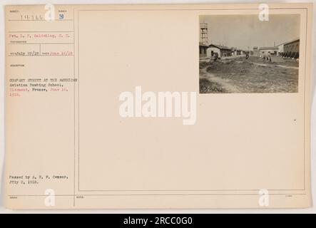 Private L. P. Goldshlag of the Signal Corps is pictured at Company Street, located at the American Aviation Bombing School in Clermont, France on June 14, 1918. The photograph was issued after being approved by the A.E.F. Censor on July 2, 1918. Stock Photo