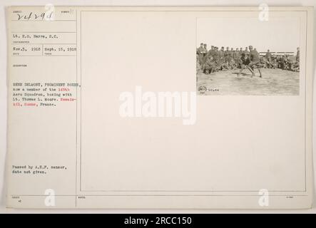 Lt. E.O. Harrs captured a photograph on Nov. 3, 1918, showing Gene Delmont, a renowned boxer turned member of the 148th Aero Squadron, engaging in a boxing match with Lt. Thomas L. Moare in Remais-nil, Somme, France during World War One. The image was approved by the A.E.F. censor, although the precise date is undisclosed. Stock Photo