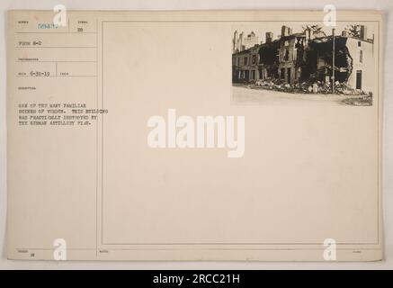 A building in Verdun completely destroyed by German artillery fire during World War One. This scene was a common sight in the war-torn city. This photograph, numbered 6-259437, was taken on June 30, 1919, by the photographer Reco. Notes indicate that the building is in ruins. Description symbol: EO. Stock Photo