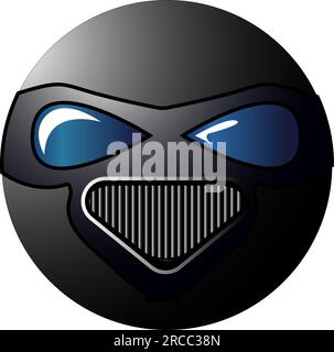 Round emoticon in a black gas mask and goggles for protection. Respiratory protection against viruses and hazardous substances. Isolated vector on whi Stock Vector