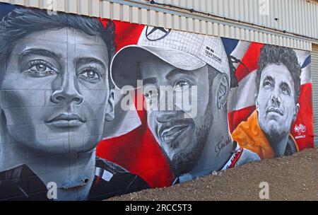 Lewis Hamilton, Lando Norris and George Russell, Mural by Murwalls , at Silverstone, Towcester, Northamptonshire, England, UK,  NN12 8TL Stock Photo