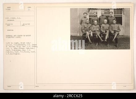 General and staff of the Motor Transport Corps, photographed on June 14, 1919. Pictured from left to right in the front row: Lt. Col. D.K. Mitchell, Col. James W. Furlow, Brig. Gen. C.B. Drake, Col. A. Owen Seamen. In the second row: Capt. B. McMahan, Maj. J.M. Ritchie, Capt. H.S. Roome, Capt. A.W. Herrington. Photo taken by Sgt. Combs. Stock Photo