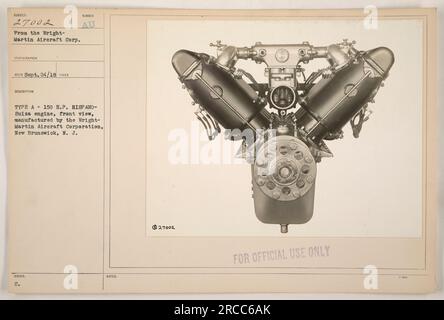 A front view of a Wright- Martin Aircraft Corp. airplane with a 150 H.P. HISPANO-Suiza engine. The engine is manufactured by the Wright- Martin Aircraft Corporation located in New Brunswick, N.J. The photograph was taken on September 24, 1918, and is marked for official use only. Stock Photo