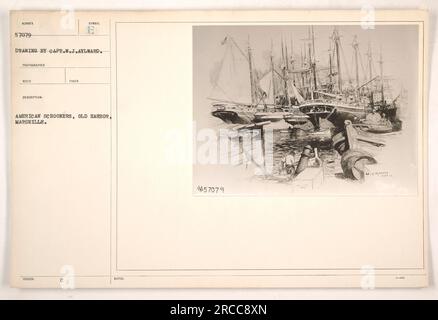 American schooners docked in Old Harbor, Marseille. The image depicts several vessels, given the number 57079. The photograph was taken by Oapt. W.J. Aylward and it is a drawing or sketch. It is a record of American military activities in Marseille during World War One. Stock Photo
