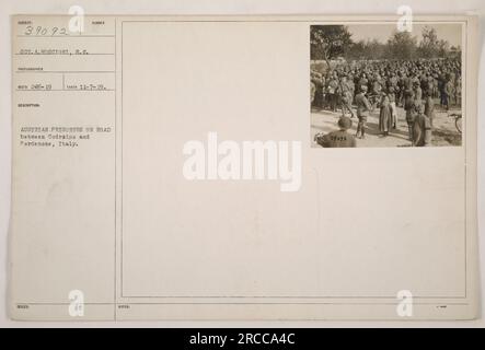 A photograph showing Austrian prisoners on a road between Codroipo and Pordenone, Italy during World War I. The picture was taken by photographer Ect.A. Moscioni and was issued with the number 39092 on November 7, 1919. There is a note mentioning the subject and the photographer's initials as well. Stock Photo