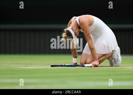 London, Britain. 13th July, 2023. Marketa Vondrousova reacts after the women's singles semifinal between Marketa Vondrousova of the Czech Republic and Elina Svitolina of Ukraine at Wimbledon tennis championship in London, Britain, on July 13, 2023. Credit: Han Yan/Xinhua/Alamy Live News Stock Photo