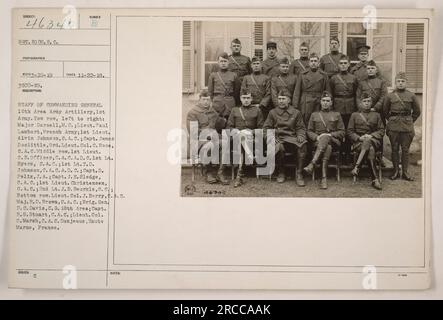 Staff of Commanding General 18th Area Army Artillery, 1st Army. Top row, left to right: Major Darnell, M.C.; Lieutenant Paul Lambert, French Army; First Lieutenant Alvin Johnson, C.A.C.; Captain James Doolittle, Ord.; Lieutenant Colonel C. Rose, C.A.C. Middle row: First Lieutenant C.B. Officer, C.A.C. A.D.C.; First Lieutenant Byers, C.A.C.; Lieutenant T.D. Johnson, C.A.C. A.D.C.; Captain D. Felix, J.A.; Captain J.E. Sledge, C.A.C.; First Lieutenant Christensen, C.A.C.; Second Lieutenant J.B. Beurkle,8.C. Bottom row: Lieutenant Colonel J. Berry, C.A.C.; Major R.D. Brown, C.A.C.; Brigadier Gener Stock Photo