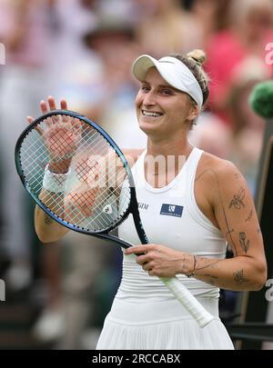 London, Britain. 13th July, 2023. Marketa Vondrousova reacts after the women's singles semifinal between Marketa Vondrousova of the Czech Republic and Elina Svitolina of Ukraine at Wimbledon tennis championship in London, Britain, on July 13, 2023. Credit: Han Yan/Xinhua/Alamy Live News Stock Photo