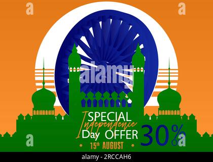 Indian Independence Day Sale poster with flag tricolor, green, orange and white. Patriotism template, Happy India Freedom celebration with special off Stock Vector