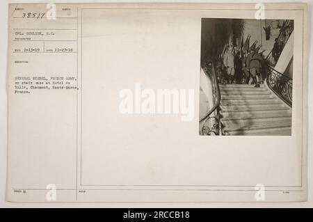 Cpl. Schlick, S.C. captured this image on November 27, 1918. It shows General Wirbel of the French Army on a staircase at Hotel de Ville in Chaumont, Haute-Marne, France. This photograph is numbered 38517 and was recommended for recognition on February 13, 1919. It was issued under M Noteb 395. Stock Photo