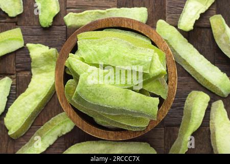 candied fruit, dried pomelo with sugar in bowl on wooden table background. Stock Photo
