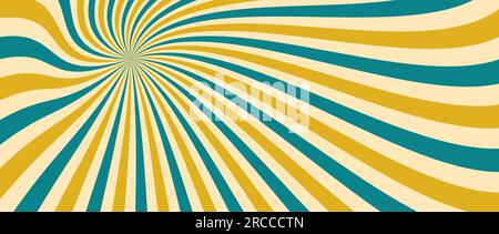 Spinning radial lines background. Yellow green curved sunburst wallpaper. Abstract warped sun rays and beams comic texture. Vintage summer backdrop for posters, banners, templates. Vector illustration Stock Vector