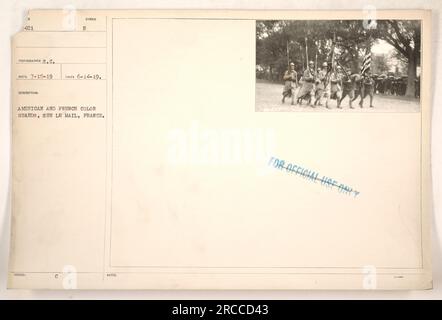 American and French color guards perform a joint ceremony on Sur Le mail, France. The photo was taken on June 14th, 1919, by the photographer S.C. It captures a moment of symbolism and cooperation between the two nations during World War One. Stock Photo