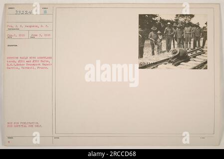 Private J.P. Ferguson from the Motor Transport Repair Service in Verneuil, France, uses an acetylene torch to cut rails. This photograph, numbered 33224, was taken on January 2, 1919. It is marked as not for publication and intended for official use only. Notes indicate that there were 3000 such photographs. Stock Photo