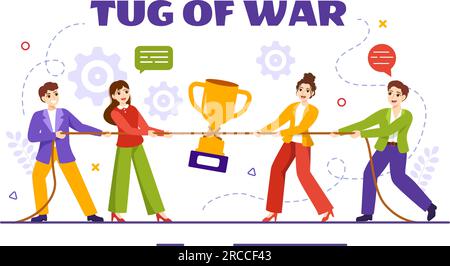 Tug of war Vector Illustration with People Pulling Opposite Ends of Rope on Business Competition in Flat Cartoon Hand Drawn Background Templates Stock Vector