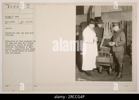 'U.S. Meat Inspectors from the Bureau of Animal Industry, Department of Agriculture, inspecting canned meats in the commissary department for Army and Navy food products. Photo taken on Jan. 8, 1919, during World War One.' Stock Photo