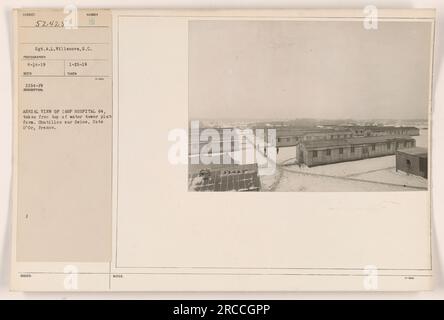 Aerial view of Camp Hospital 64 in Chatillon sur Seine, Cote d'Or, France. The photo was taken on April 14, 1919 by Sgt. A.L. Villanova of the S.C. 2354-19. It shows the view from the top of the water tower platform. These details are noted in the description and accompanying notes, under the subject and photographer numbers. Stock Photo