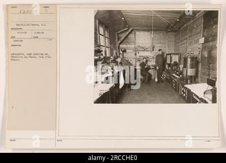 Camp Hospital 64 in Chatillon sur Seine, France, during World War One. The photograph shows a laboratory, where medical personnel are working. Taken by Sgt. A.L. Villanova on April 14, 1919. Notation number: 52419. Stock Photo