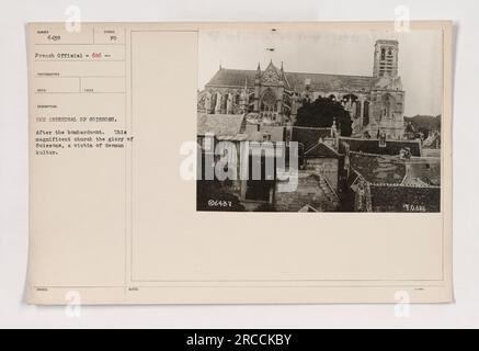 The Cathedral of Soissons after German bombardment during World War I. This iconic church, known as the glory of Soissons, was severely damaged and left in ruins. The photo was taken by a French photographer and is part of a collection documenting American military activities during the war. Stock Photo