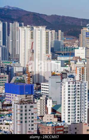 Busan, South Korea - March 22, 2018: Cityscape of Busan downtown, vertical aerial photo taken on a daytime Stock Photo