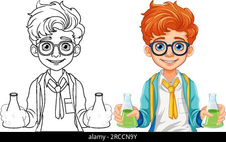 Male student cartoon holding conical flask on science class experiment illustration Stock Vector