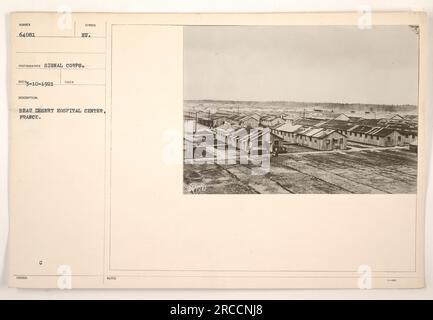 Aerial view of the Beau Desert Hospital Center in France during World War One. The center played a significant role in providing medical care for American soldiers. This photograph was taken by the Signal Corps and is part of the collection titled 'Photographs of American Military Activities during World War One.' Stock Photo