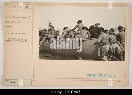 U.S. Marines conducting a boat drill at Guantanamo, Cuba. This photograph was taken in 1918 by Brown & Dawson. The image showcases the military activities of American troops during World War One. It is labeled as SUBJECT NUMBER 45452 and was meant for official use only. Stock Photo